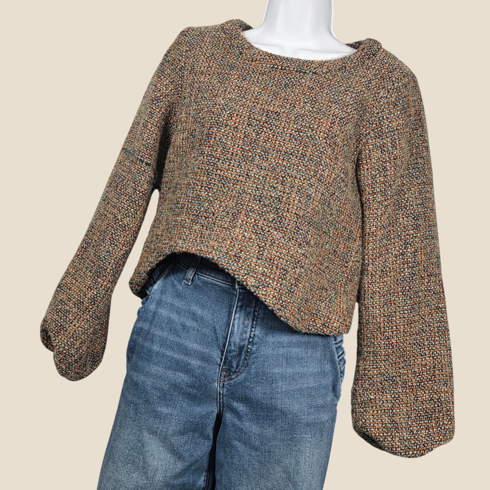 Line + Dot Women XS Cropped Tweed Asymmetrical Sweater Puff Sleeve Wool Blend